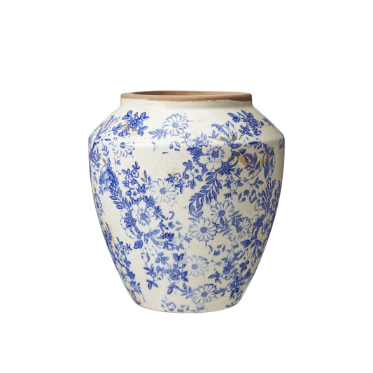 Blue Floral Terracotta Vase